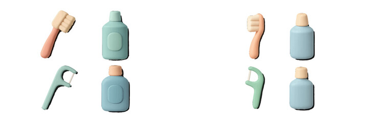 Fototapeta premium Collection of oral hygiene tools including toothbrush, dental floss pick, and mouthwash bottle isolated on a white background for dental care and health promotion