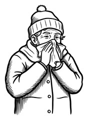 Sick Grandpa Blowing Nose with Tissue Wearing Winter Clothes Black and White Outline Line Art Drawing