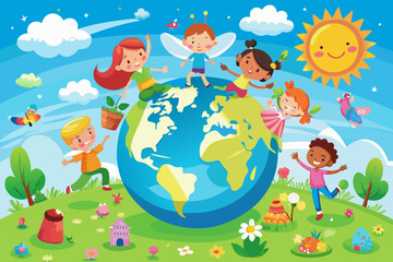 Naklejka premium Children of the world celebrating together on a happy planet