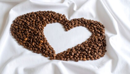Heart-shaped coffee beans on white cloth