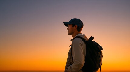 Profile of a Young Man with Backpack at Sunset Against a Vibrant Horizon
