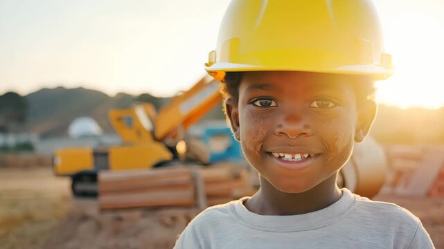 Smiling child in yellow construction helmet blinking and moving head at building site with sunlight, symbolizing safety, future engineering, inspiration and workforce training
