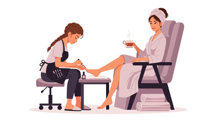Woman relaxing with a pedicure in a spa while enjoying a drink and wearing a robe
