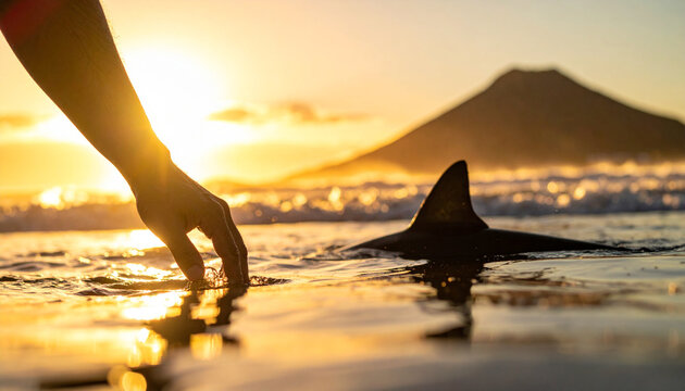 Surfer hand reaches toward water as shark fin approaches in dramatic sunset attack scene with mountain in background