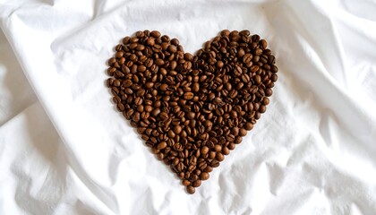 Heart-shaped coffee beans on white fabric
