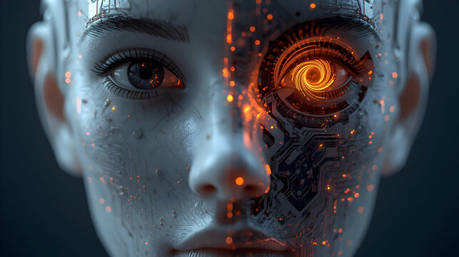 Close up of cyborg face, half human, half digital circuitry. glowing orange eye reflects advanced artificial intelligence and future technology, revealing mysterious, contemplative human machine