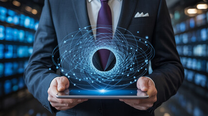 Businessman using tablet with digital network connection for data analysis and cloud computing