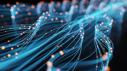 Abstract fiber optic network connection technology background with glowing light particles