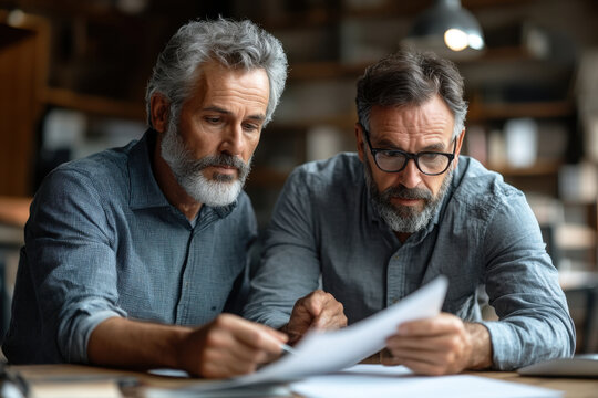 men studying paperwork.