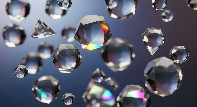 A collection of clear, faceted crystalline objects of various geometric shapes, floating and refracting light against a gradient background.