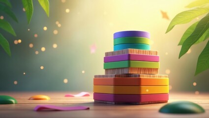Vibrant colorful ribbons elegantly wrapped around rustic wooden blocks
