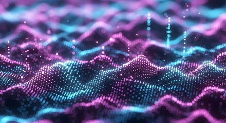 Abstract digital landscape with pink and blue waves and glowing particles.