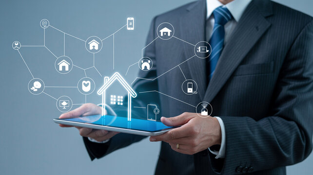 Smart home automation system concept businessman using tablet to control home iot technology app