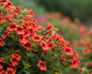 Fototapeta premium Vibrant orange and red flowers cascading in lush green garden background