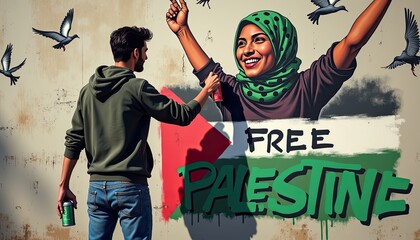 A man and a woman with a palestinian flag and the words free palestine painted on a wall, symbolizing solidarity and the struggle for freedom