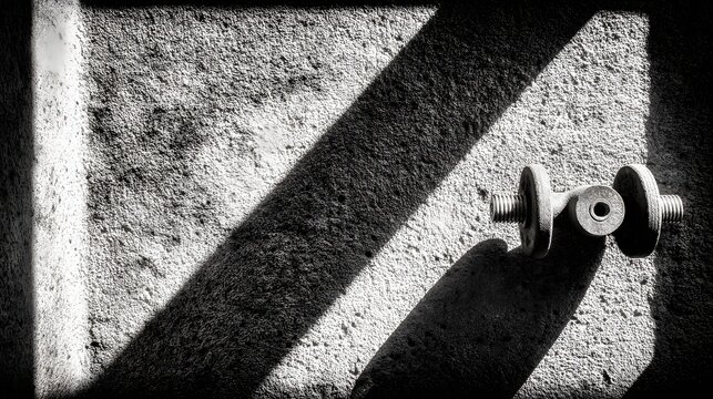 Close-up of a barbell plate on gritty gym floor with morning shadow 