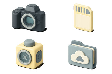 3D icon set of photography and data storage elements including a digital camera, action cam, memory card, and cloud folder