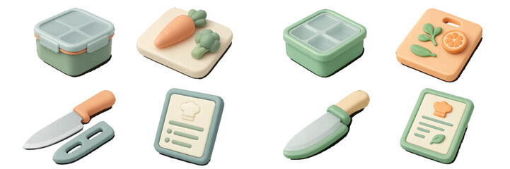 Set of 3D cooking and meal prep icons including lunch box, cutting board with vegetables, knife, and recipe menu