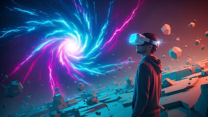 Fototapeta premium Man wearing virtual reality headset immersed in a cosmic portal with abstract geometric shapes floating around him