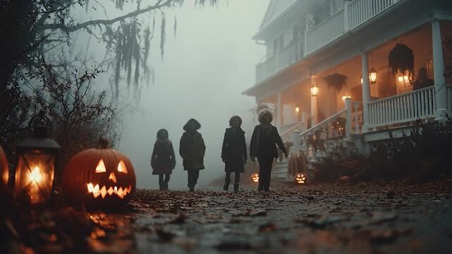 Shadows of Halloween: A spectral scene of costumed children, led by eerie pumpkin lanterns, approaching a vintage house shrouded in a haunting mist, evoking the spirit of Halloween.