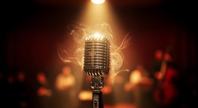 Vintage microphone on stage with spotlight and smoky atmosphere, creating a nostalgic and captivating performance scene - Powered by Adobe