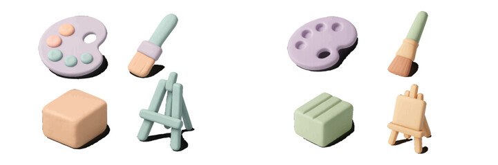 Isometric set of artist tools and creative hobby supplies featuring a paint palette, paintbrush, and easel in a cute 3D style with pastel colors