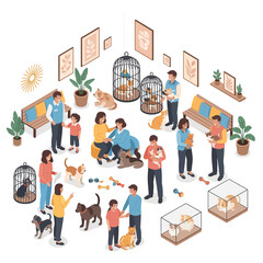 Pet Adoption Centers Isometric Vector Illustration of People and Animals at a Shelter, Adopting Dogs and Cats for their New Homes