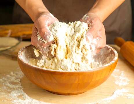 Hands kneading dough in a wooden bowl (1)