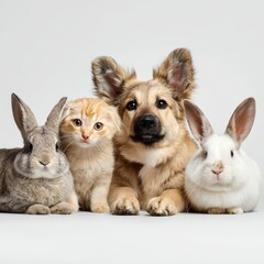 Obraz premium A group of adorable animals posing together in a studio. There's a variety of furry friends: a fluffy dog, two rabbits, and a cute kitten