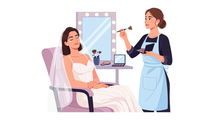 Professional makeup artist applying makeup to a bride in a salon setting with mirror and tools