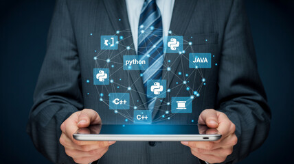 Programming languages concept python java c++ developer software development coding technology business it solutions