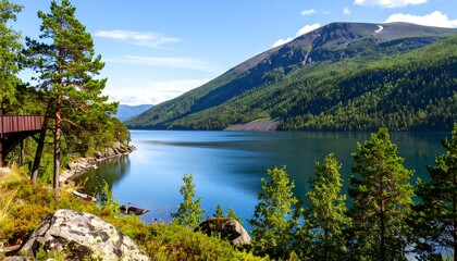 A scenic view of a calm, expansive lake nestled between lush green mountains and a blue sky with few clouds. Foreground has pine trees and rocky shore. A wooden walkway adds perspective