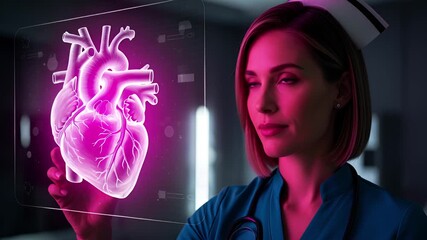 Futuristic healthcare concept with a skilled nurse examining a virtual cardiac projection for diagnosis - Powered by Adobe