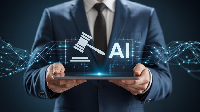 Artificial intelligence in law concept showing ai and gavel on a tablet held by a lawyer man 100