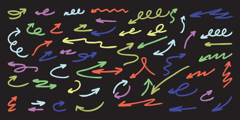 Set of hand drawn creative arrows Grunge style Multicolored vector collection Bold arrows, graphic isolated elements Brush strokes Vector graphic box Modern vector icons  Direction, navigation, button