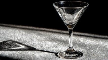 Close-up of a martini glass on reflective black table with neon shadow 