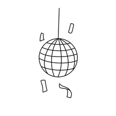 A black and white drawing of a disco ball with confetti falling around it
