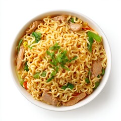 A close-up, overhead shot of a bowl of noodles