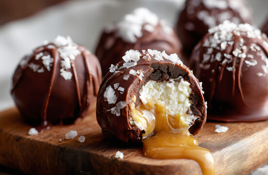 luxury chocolate bonbons with liquid caramel center and sea salt flakes cut open showing golden filling oozing on wooden board.