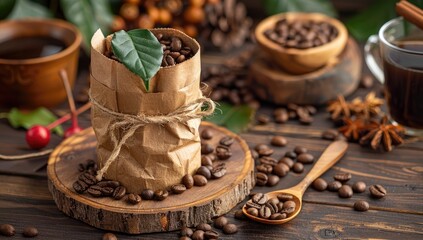 Roasted coffee beans in kraft paper, surrounded by autumnal elements.  Freshly brewed coffee and spices are present, on a rustic wooden table