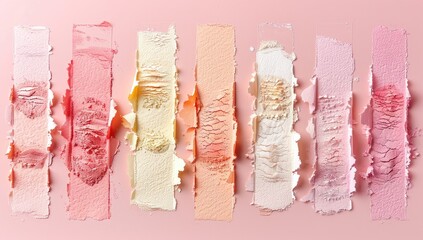 Swatches of cosmetic products in various shades of pink, peach, and beige