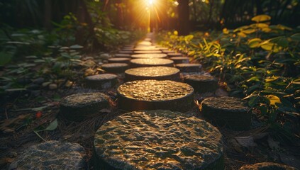 Sunlit path of rounded stones in a lush garden