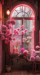Pink floral display in a vintage arch window, bathed in warm, rosy light