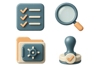 A collection of 3D business verification symbols including a checklist, magnifying glass, secure folder, and approval stamp for UI design