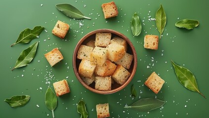 Wooden bowl of croutons surrounded by fresh bay leaves and sea salt on a vibrant green background
