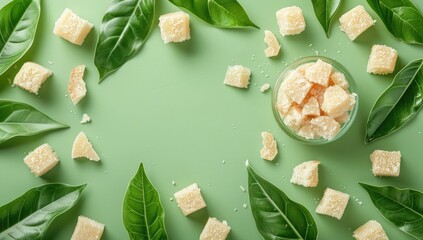 Sweet cubes in glass bowl, framed by leaves