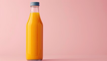 A clear glass bottle filled with orange juice, standing on a pink surface.  The bottle has a light-blue lid