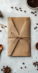 A kraft envelope tied with twine, surrounded by coffee beans, spices, and utensils.  Flat lay on a light stone surface