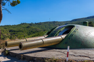 Historic artillery gun at Turgut Reis Bastion surrounded by nature in &Ccedil;anakkale, Turkey
