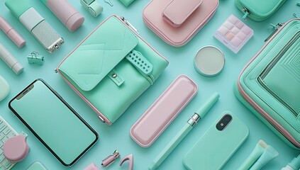 Pastel mint and rose accessories arranged on a mint-colored background.  Various bags, pouches, and small items, including a phone, keyboard, and makeup